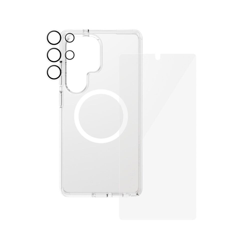PanzerGlass 3-in-1 protection bundle for Samsung Galaxy S25 Ultra showing the clear magnetic case, screen protector and camera lens protectors