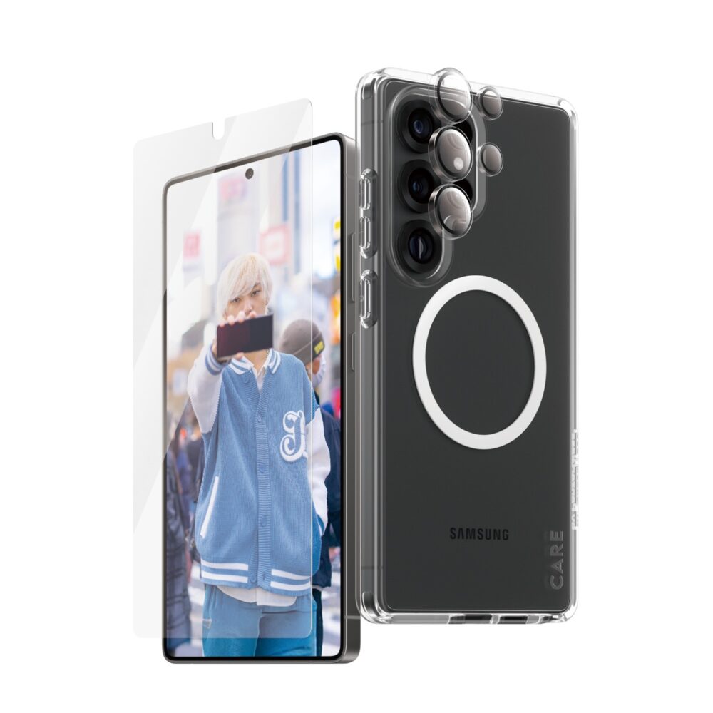 Samsung Galaxy S25 Ultra shown with the PanzerGlass screen protector, clear magnetic case and camera lens protectors positioned around the device