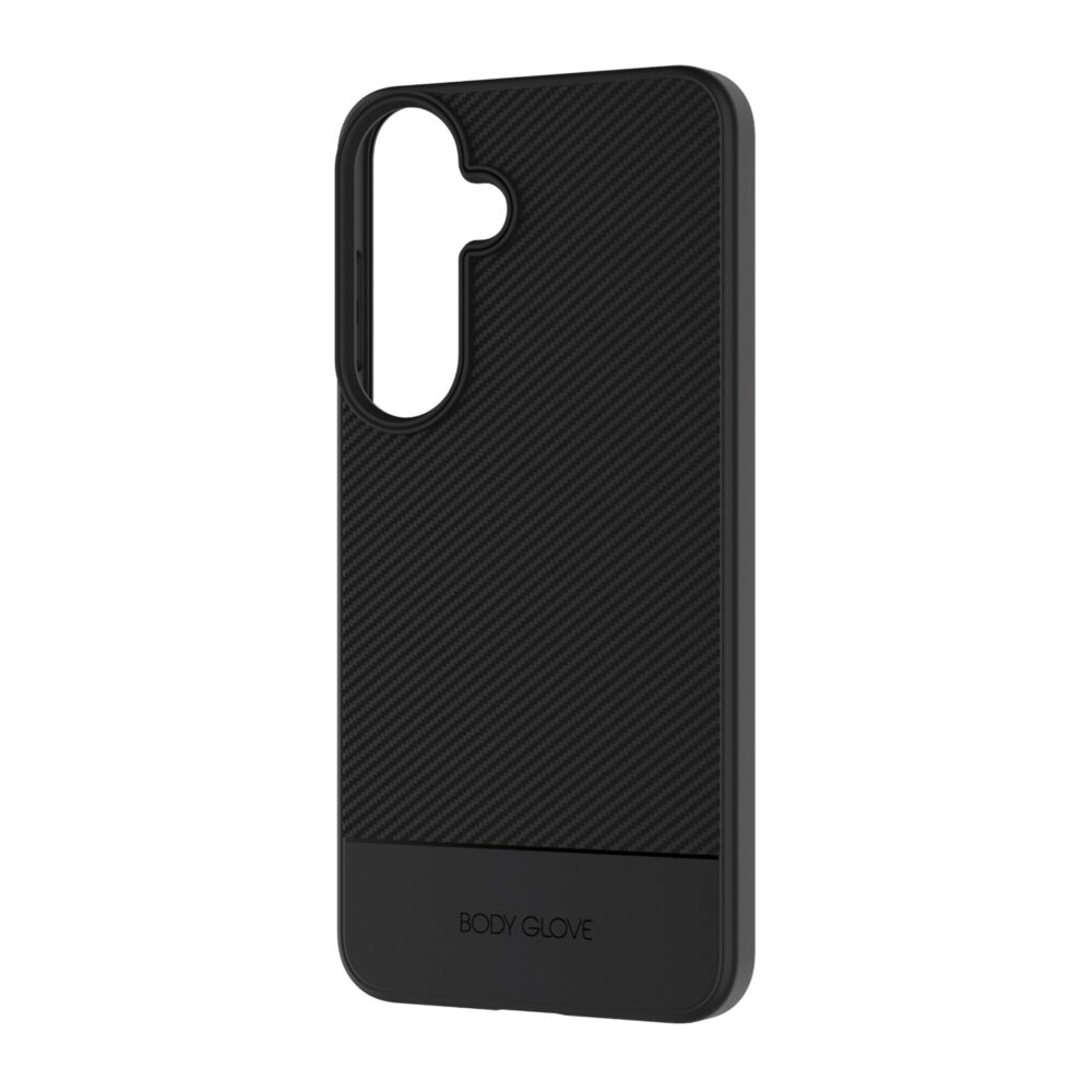 Black Body Glove Astrx case for Samsung Galaxy S26 FE shown at a rear angle with the textured back and camera opening visible
