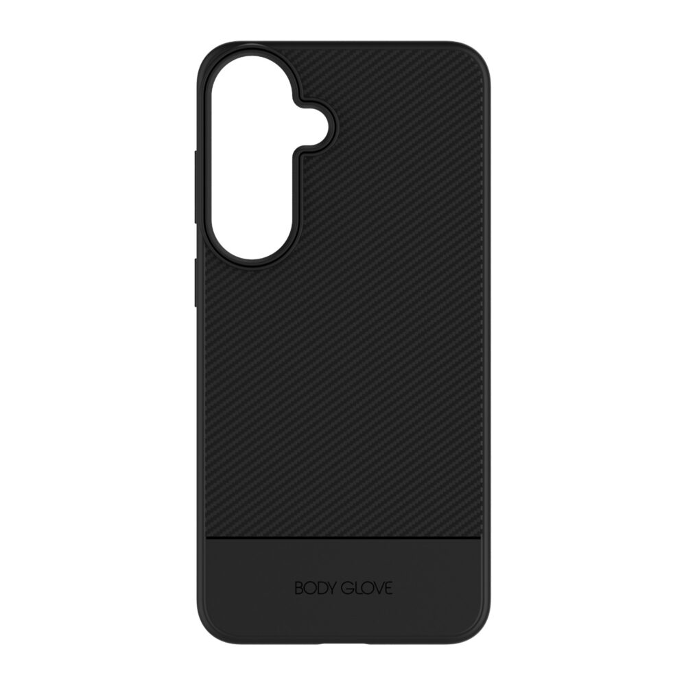 Black Body Glove Astrx case for Samsung Galaxy S26 FE shown from the rear with the carbon fibre pattern and camera cut-out visible
