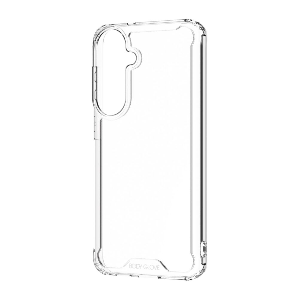 Clear Body Glove Lite Series case for Samsung Galaxy S26 FE shown at a rear angle with the raised camera surround and transparent edges visible