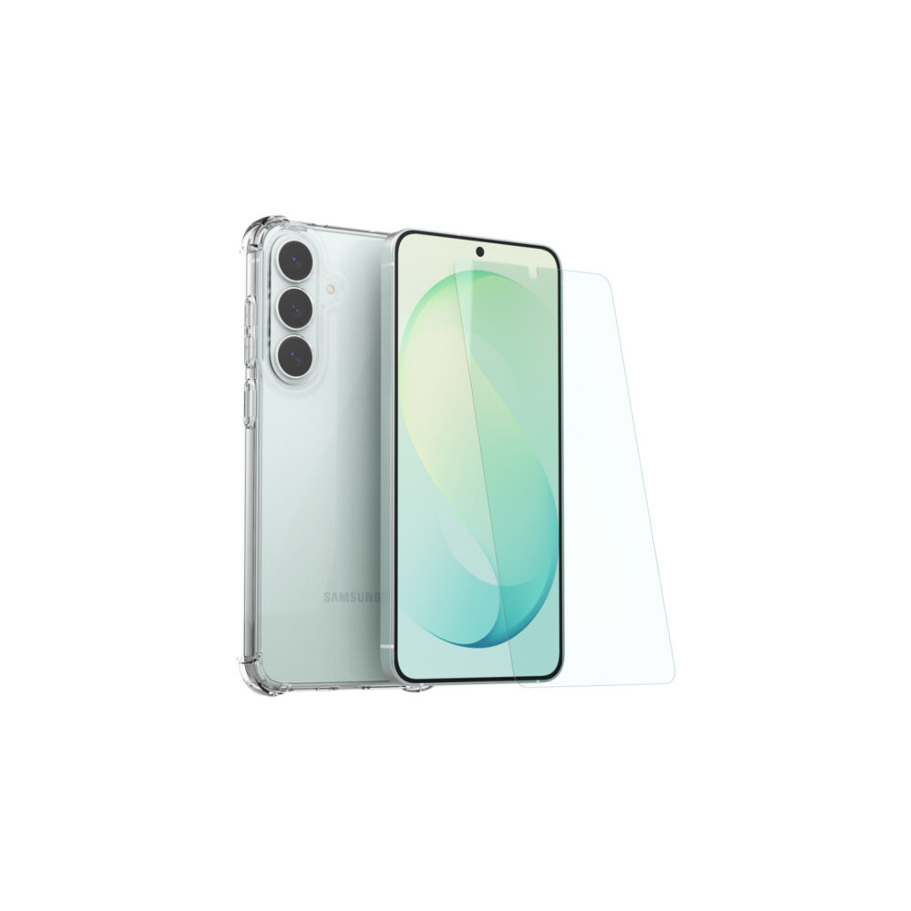 Samsung Galaxy S26 FE Mobeen 2-in-1 bundle shown at an angle with the clear case fitted and the tempered glass screen protector displayed alongside
