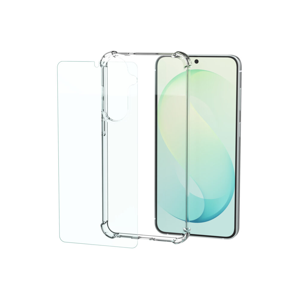 Samsung Galaxy S26 FE Mobeen 2-in-1 bundle showing the clear case and tempered glass screen protector beside the front of the phone