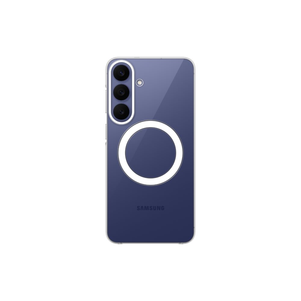 Official Samsung Clear Magnet Case fitted to a Galaxy S26 FE, shown from the rear with the white magnetic ring and cameras visible