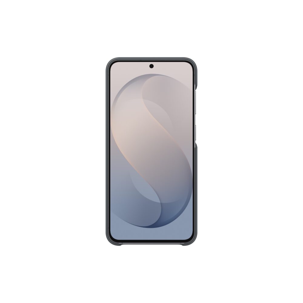 Samsung Galaxy S26 FE shown from the front with the Official Samsung Silicone Magnet Case in Black fitted around the device