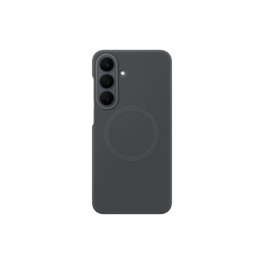 Official Samsung Silicone Magnet Case in Black fitted to a Galaxy S26 FE, shown from the rear with the camera lenses and magnetic ring visible