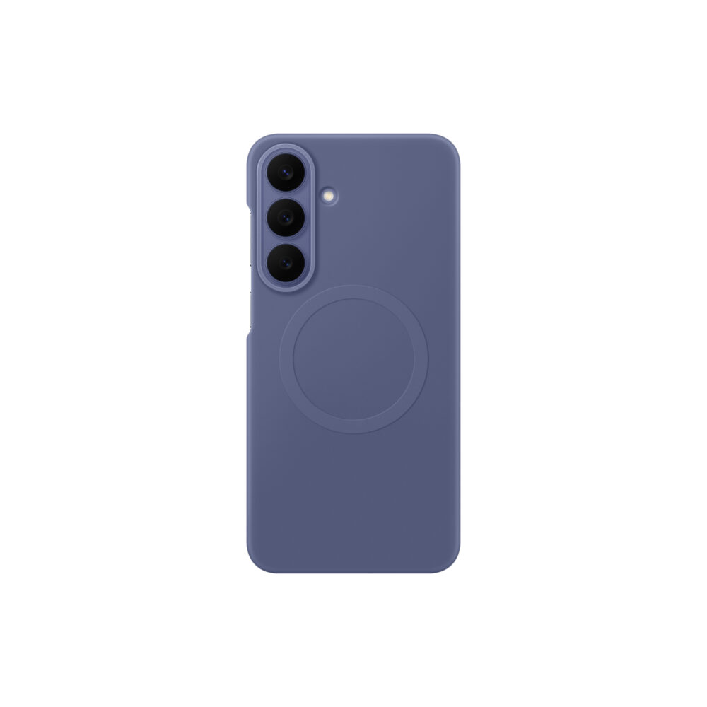 Official Samsung Silicone Magnet Case in Blue fitted to a Galaxy S26 FE, shown from the rear with the camera lenses and magnetic ring visible