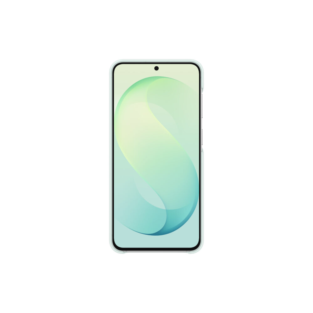 Samsung Galaxy S26 FE shown from the front with the Official Samsung Silicone Magnet Case in Mint fitted around the device