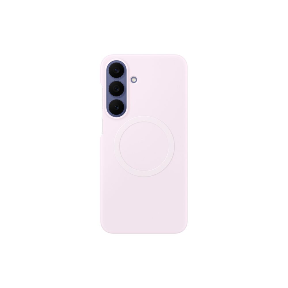 Official Samsung Silicone Magnet Case in Pink fitted to a Galaxy S26 FE, shown from the rear with the camera lenses and magnetic ring visible
