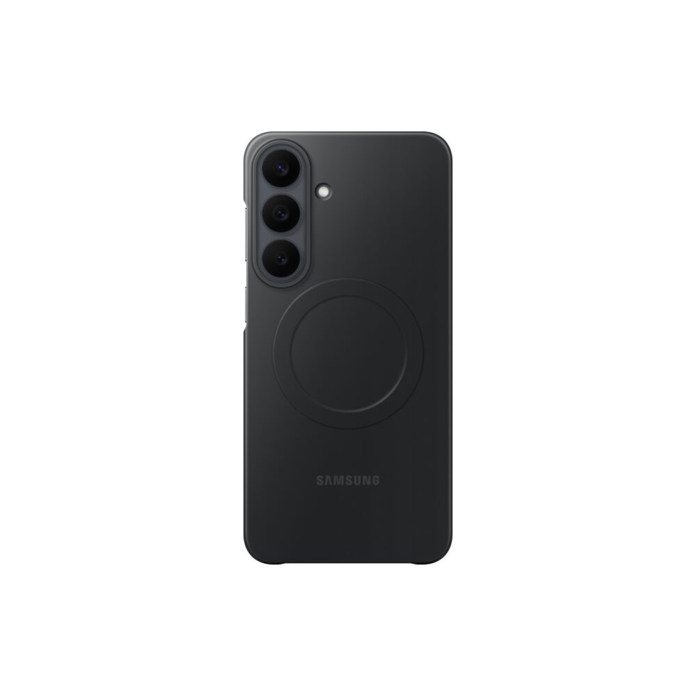 Official Samsung Slim Magnet Case in Black fitted to a Galaxy S26 FE, shown from the rear with the camera lenses and magnetic ring visible