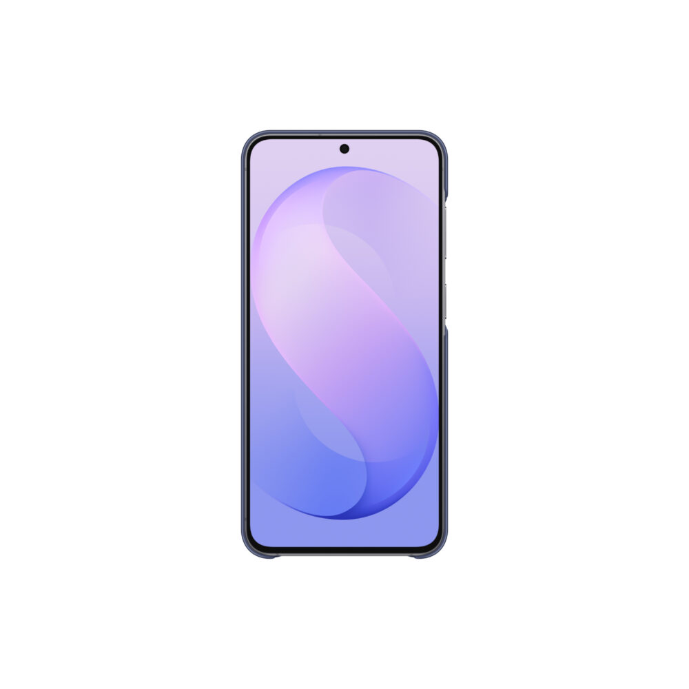 Samsung Galaxy S26 FE shown from the front with the Official Samsung Slim Magnet Case in Blue fitted around the device