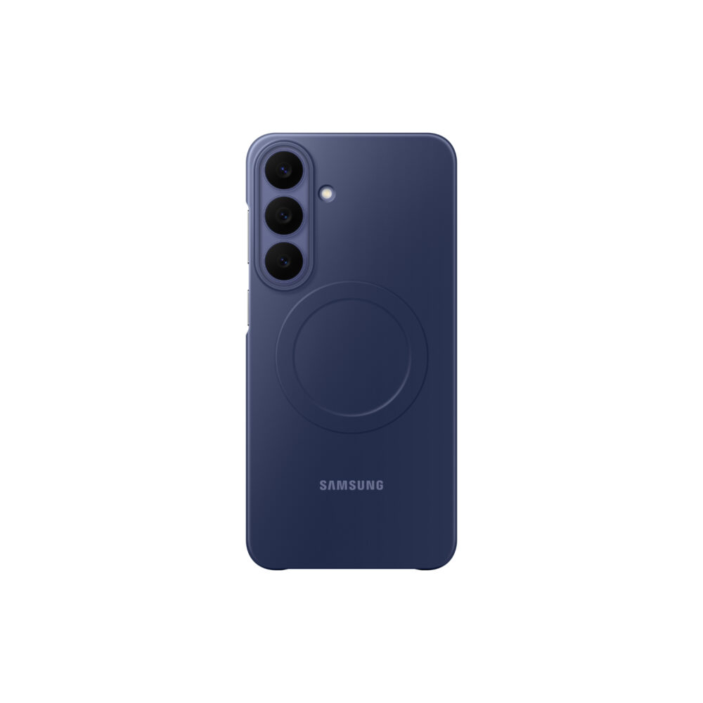 Official Samsung Slim Magnet Case in Blue fitted to a Galaxy S26 FE, shown from the rear with the camera lenses and magnetic ring visible