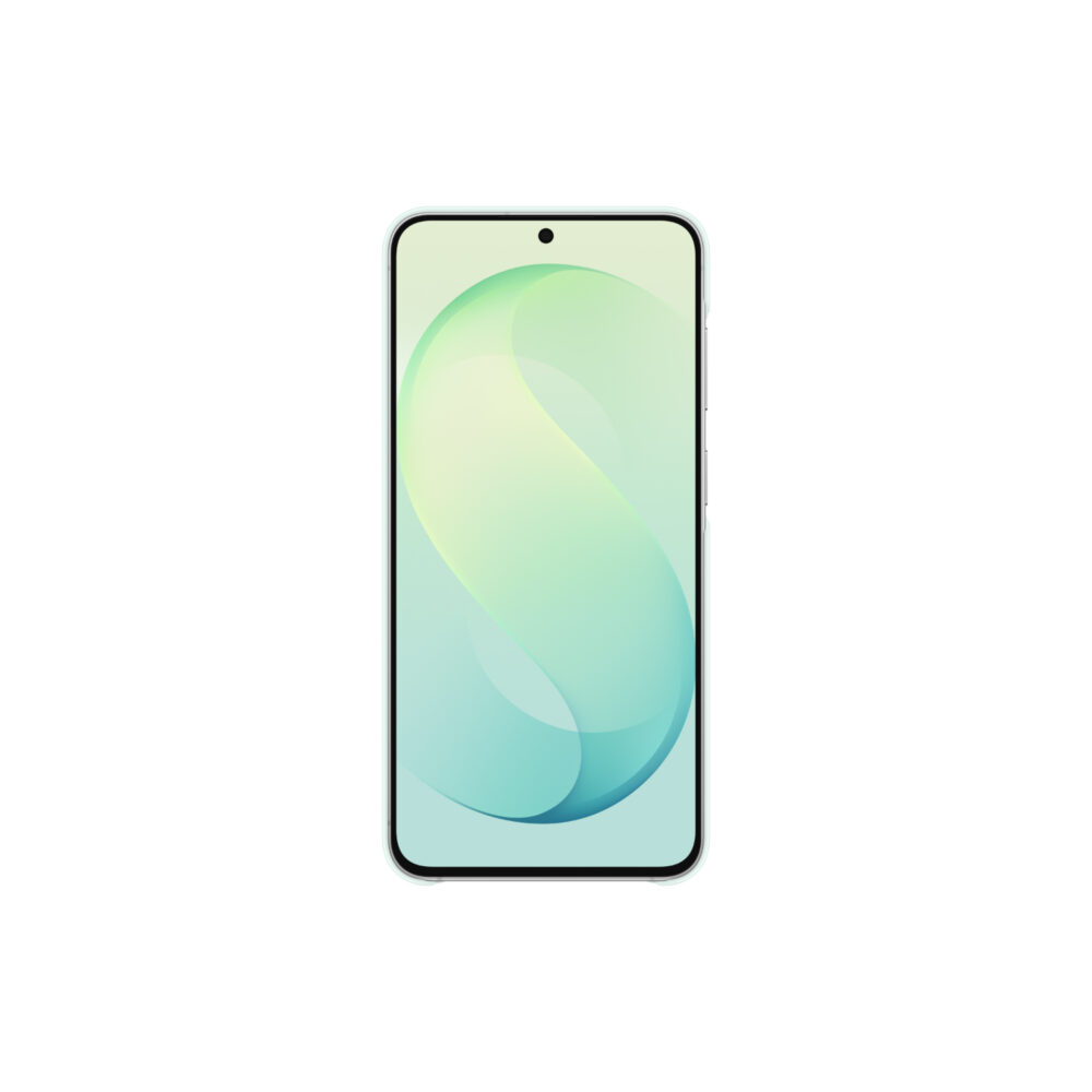 Samsung Galaxy S26 FE shown from the front with the Official Samsung Slim Magnet Case in Mint fitted around the device