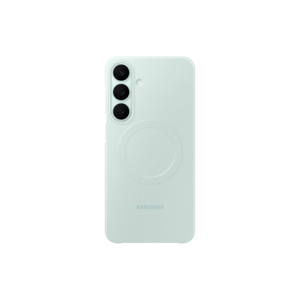 Official Samsung Slim Magnet Case in Mint fitted to a Galaxy S26 FE, shown from the rear with the camera lenses and magnetic ring visible
