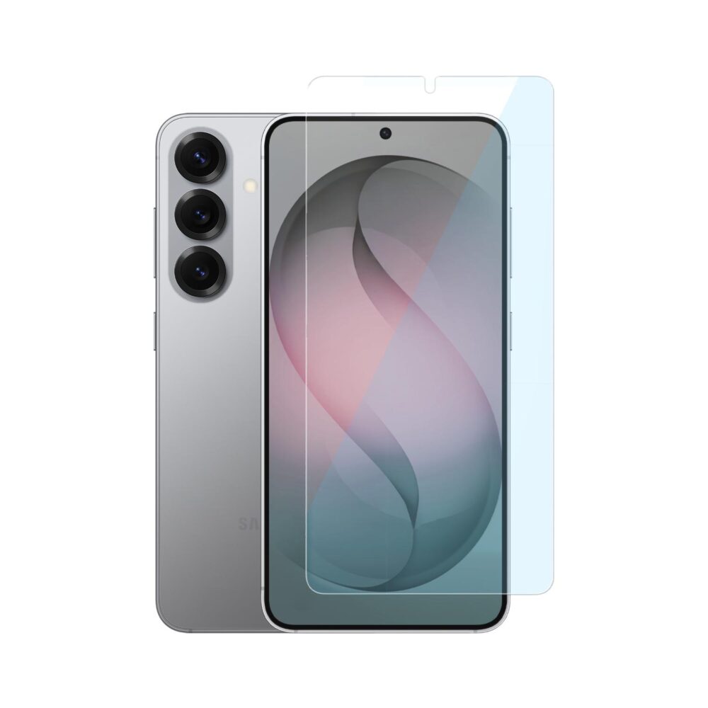 Samsung Galaxy S26 shown from the front and rear with the Mobeen tempered glass screen protector positioned over the display