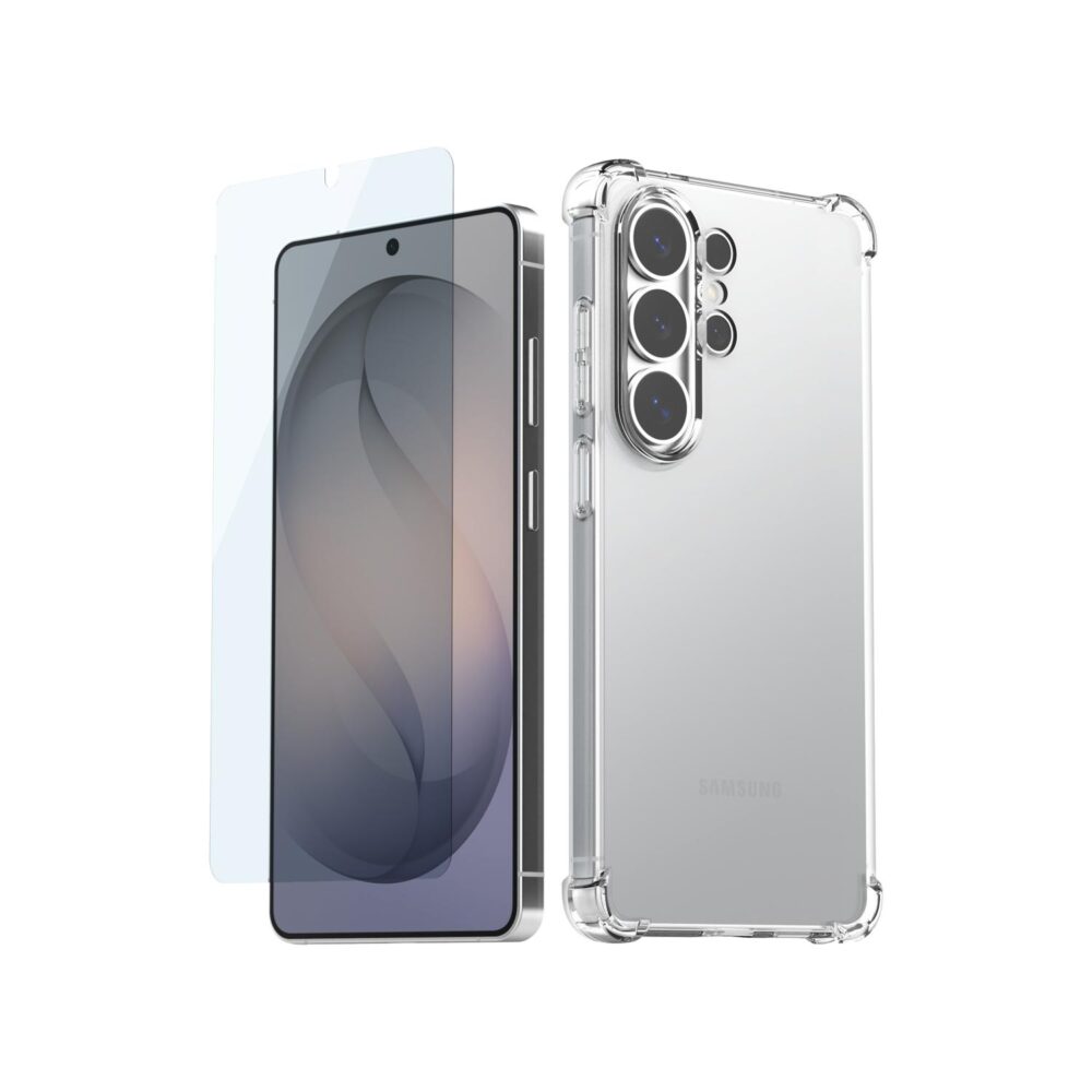 Mobeen clear case and tempered glass screen protector bundle for Samsung Galaxy S26 Ultra shown with front and rear device views.