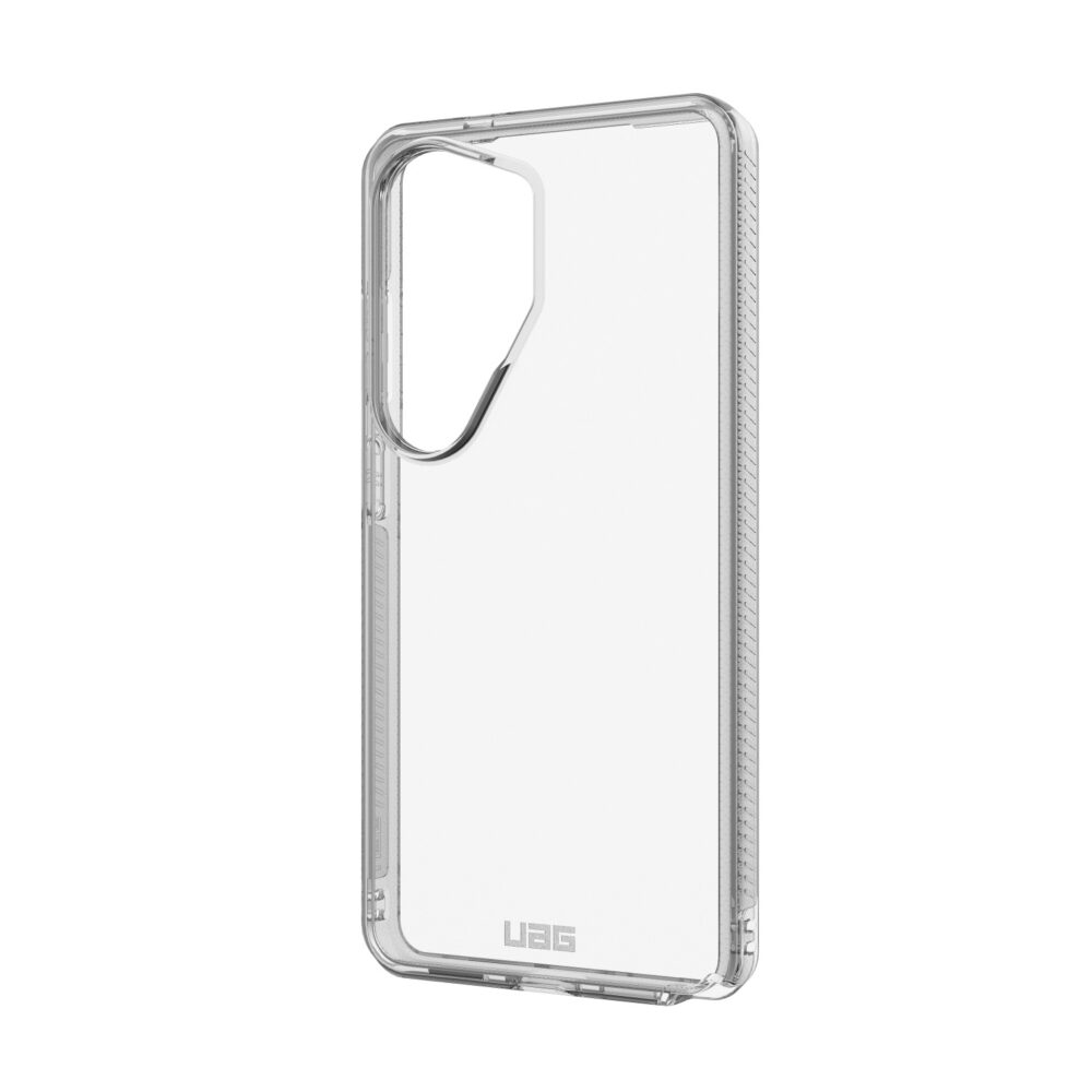 Empty Ice UAG Plyo Case for Samsung Galaxy S26 Ultra shown at a rear angle with the clear back and raised camera opening visible