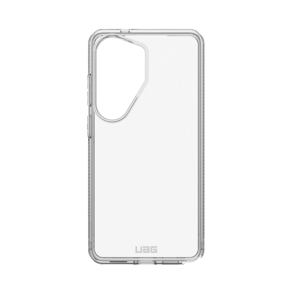 UAG Plyo Case in Ice for Samsung Galaxy S26 Ultra shown empty from the rear with the clear back panel and camera opening visible