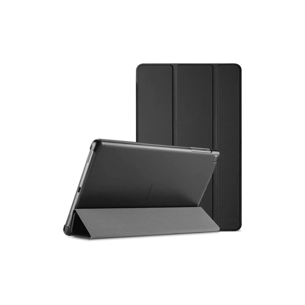 Black Mobeen trifold case for Samsung Galaxy Tab A11 Plus shown folded into a landscape viewing stand with a closed cover behind.