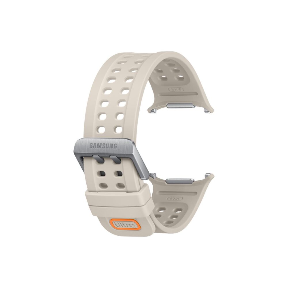 Mocha Samsung Galaxy Watch Ultra / Ultra2 Marine Strap shown curved at an angle with perforations, Samsung buckle and orange Ultra badge visible