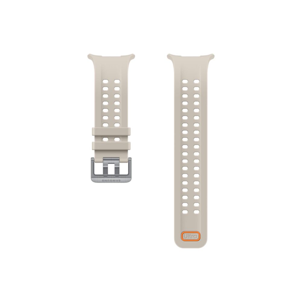 Two-piece mocha Samsung Marine Strap for Galaxy Watch Ultra and Ultra2 laid flat with perforations, metal buckle and orange Ultra badge visible