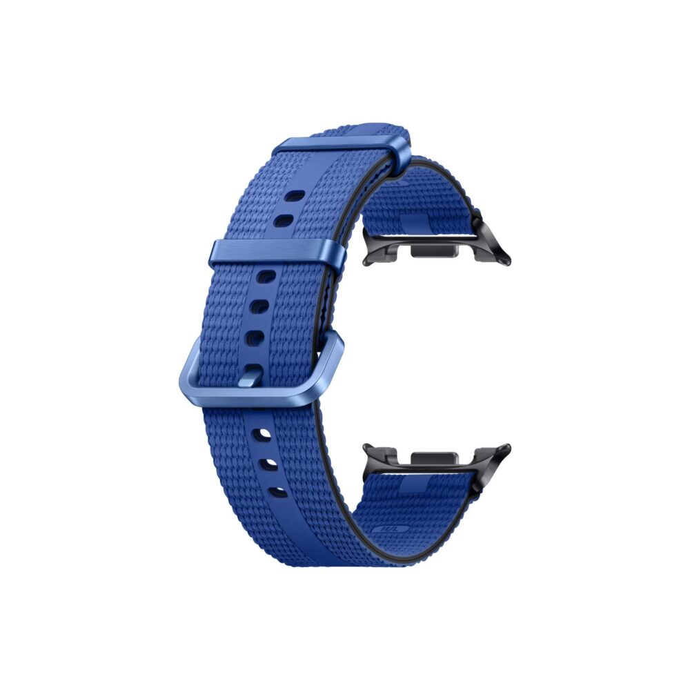 Blue Samsung Galaxy Watch8 / Watch8 Classic Athleisure Strap S/M shown in an angled loop with woven texture, buckle, adjustment holes and attachment connectors visible