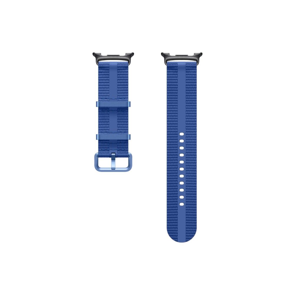 Blue Samsung Galaxy Watch8 / Watch8 Classic Athleisure Strap S/M shown as two separate pieces with woven surface, buckle and adjustment holes visible