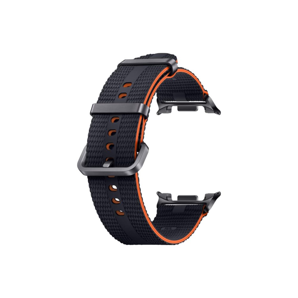 Graphite Samsung Galaxy Watch8 / Watch8 Classic Athleisure Strap S/M shown in an angled loop with woven texture, buckle, adjustment holes and orange edge detail visible