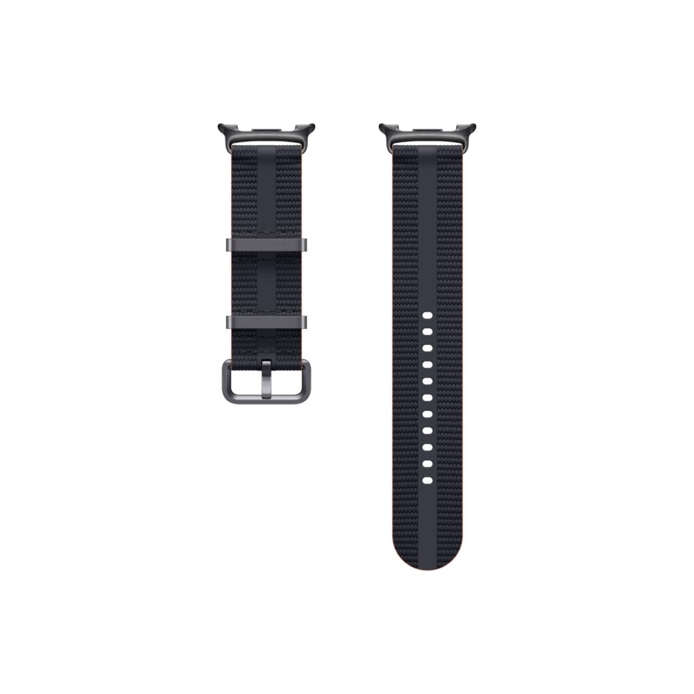 Graphite Samsung Galaxy Watch8 / Watch8 Classic Athleisure Strap S/M shown as two separate pieces with woven outer surface, buckle and adjustment holes visible