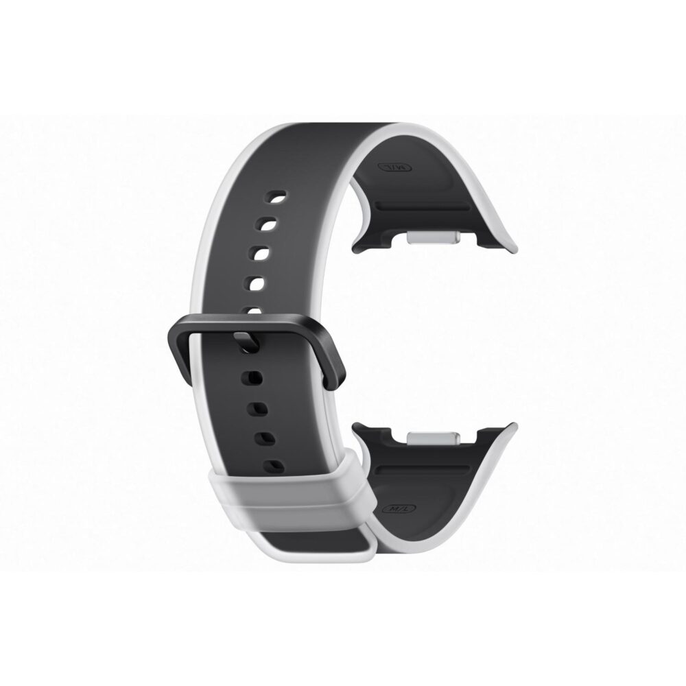 Black Samsung Galaxy Watch9 / Watch8 Series Misty Strap in M/L size shown curved at an angle with buckle, light edge trim and watch connectors visible