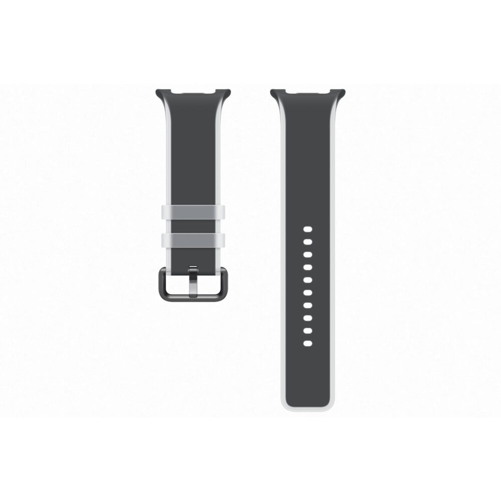 Two-piece black Samsung Misty Strap in M/L size laid flat with buckle, adjustment holes and contrasting light edge trim visible