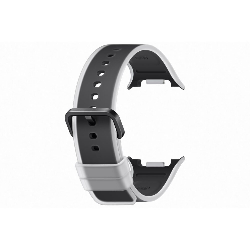 Black Samsung Galaxy Watch9 / Watch8 Series Misty Strap in S/M size shown curved at an angle with buckle, light edge trim and watch connectors visible