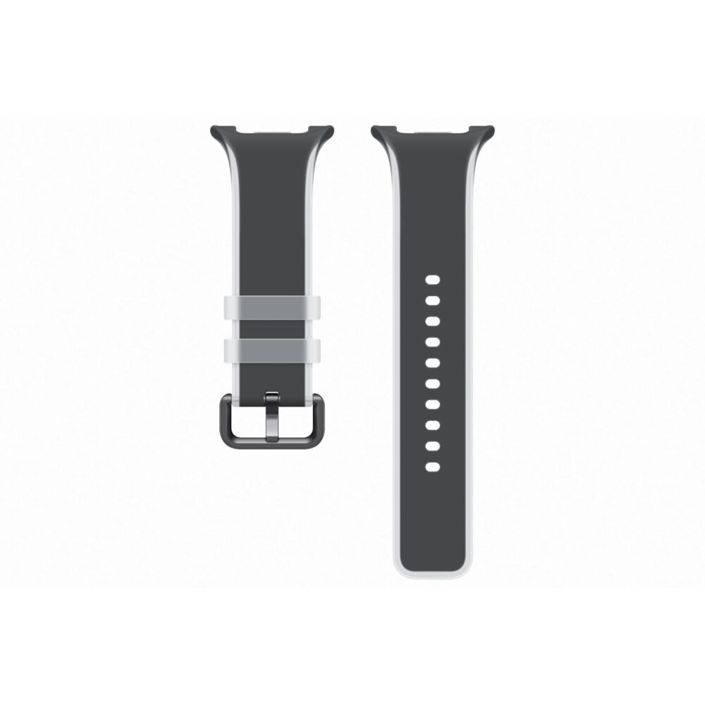 Two-piece black Samsung Misty Strap in S/M size laid flat with buckle, adjustment holes and contrasting light edge trim visible