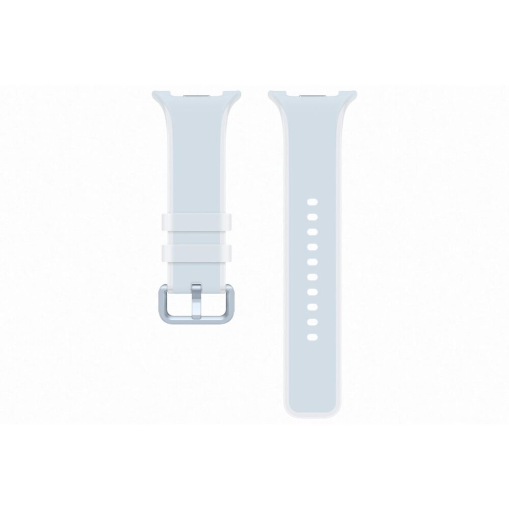 Two-piece blue Samsung Misty Strap in S/M size laid flat with buckle, strap keepers and adjustment holes visible