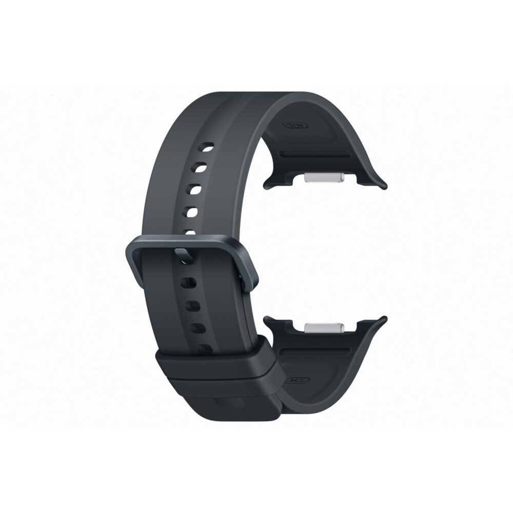 Black Samsung Galaxy Watch9 / Watch8 Series Sport Strap in M/L size shown curved at an angle with buckle and watch connectors visible