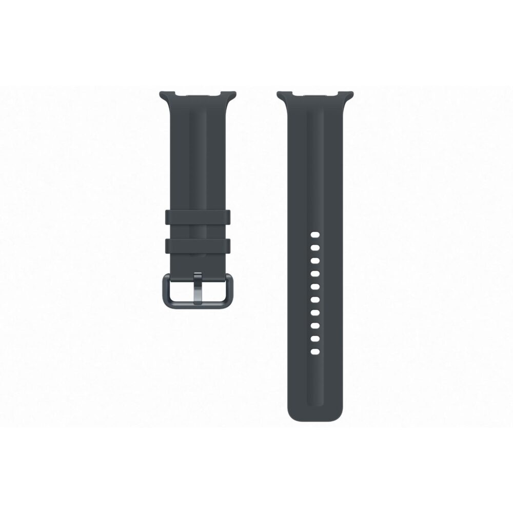 Two-piece black Samsung Sport Strap in M/L size laid flat with buckle, strap keepers and adjustment holes visible