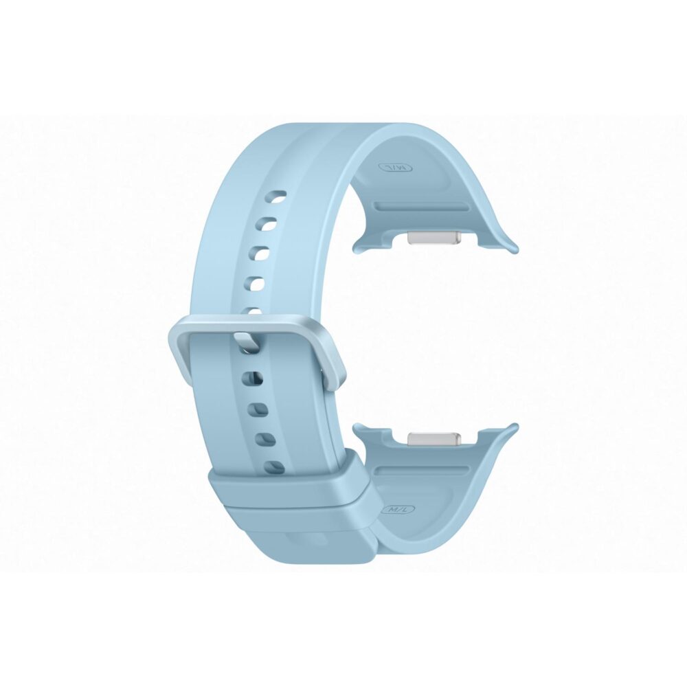 Blue Samsung Galaxy Watch9 / Watch8 Series Sport Strap in M/L size shown curved at an angle with buckle and watch connectors visible