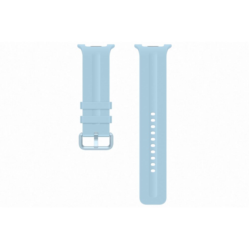 Two-piece blue Samsung Sport Strap in M/L size laid flat with buckle, strap keepers and adjustment holes visible
