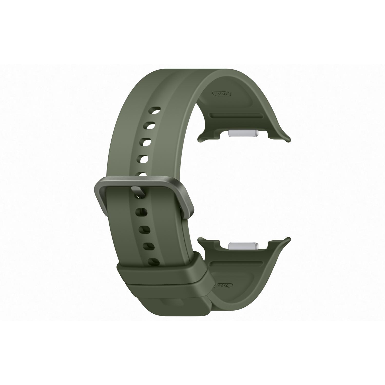 Olive Samsung Galaxy Watch9 / Watch8 Series Sport Strap in M/L size shown curved at an angle with buckle and watch connectors visible