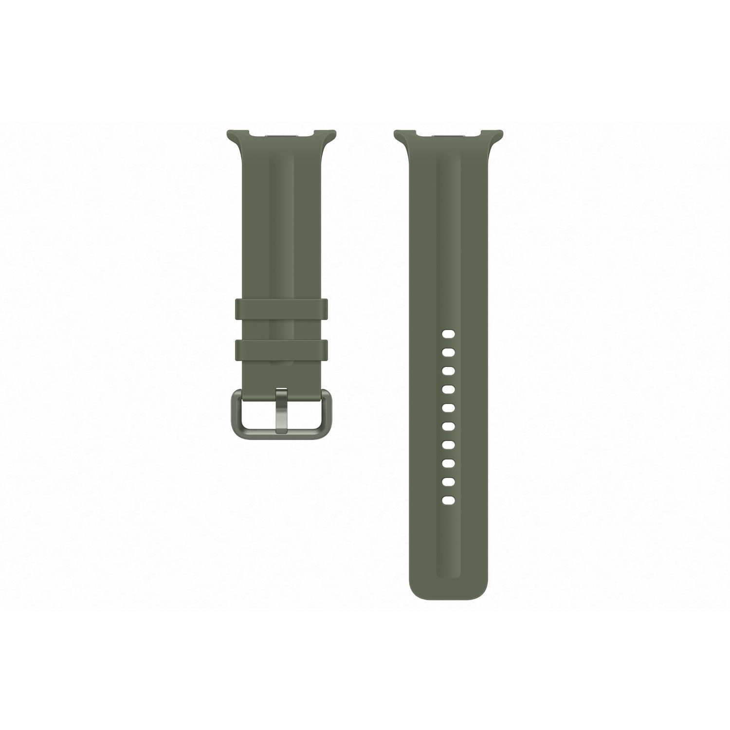 Two-piece olive Samsung Sport Strap in M/L size laid flat with buckle, strap keepers and adjustment holes visible