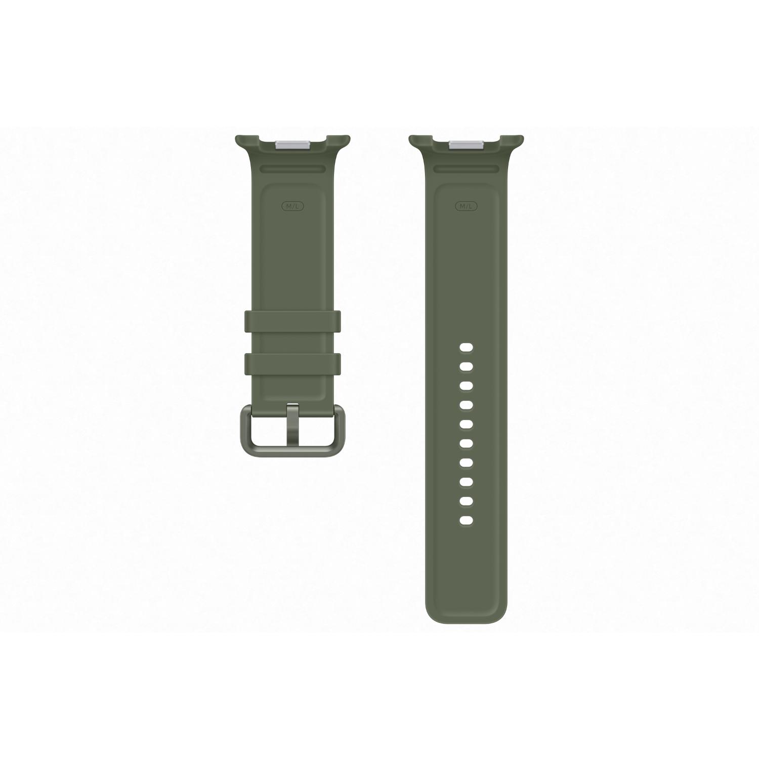 Rear side of the olive Samsung Sport Strap in M/L size laid flat with M/L markings and silver watch connectors visible