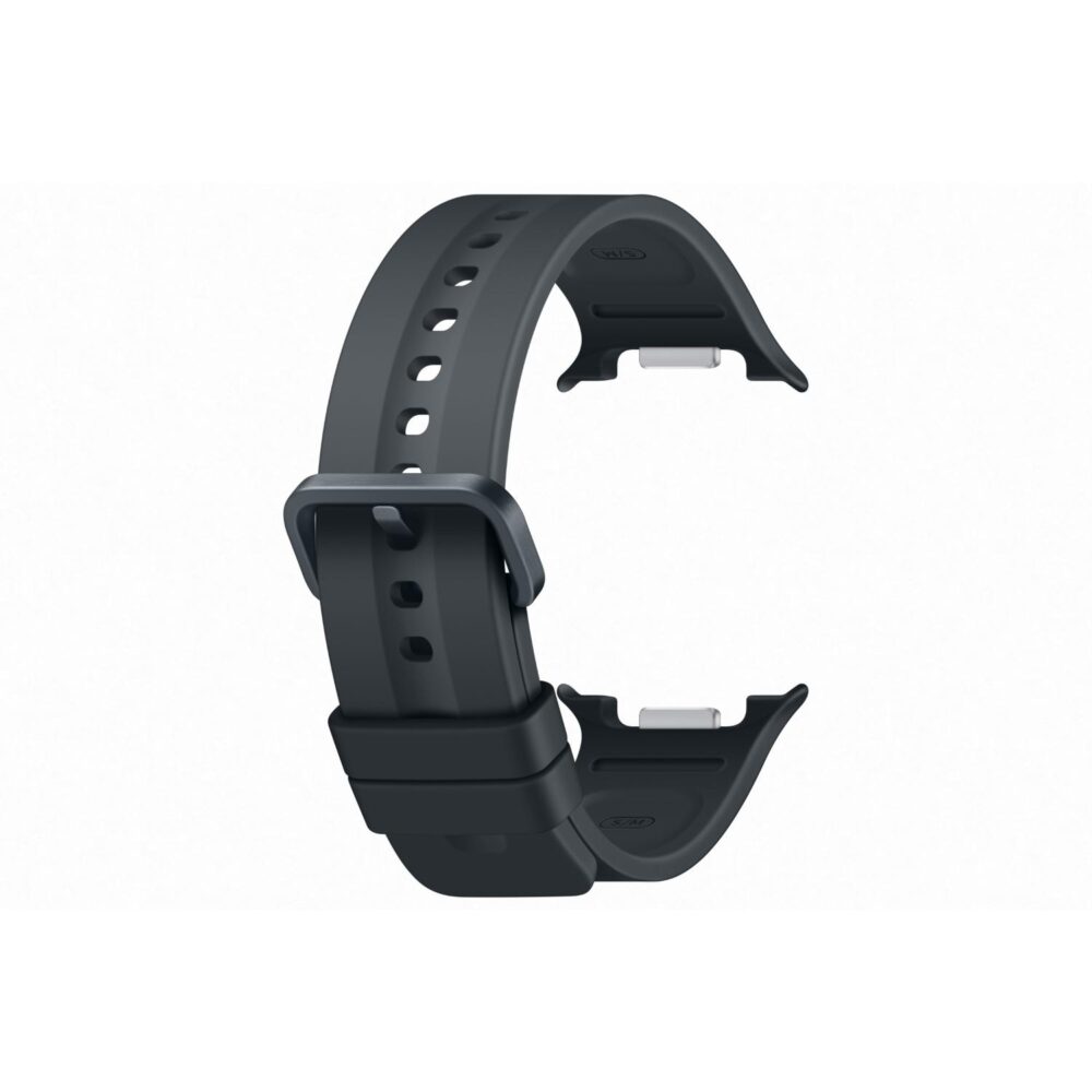 Black Samsung Galaxy Watch9 / Watch8 Series Sport Strap in S/M size shown curved at an angle with buckle and watch connectors visible