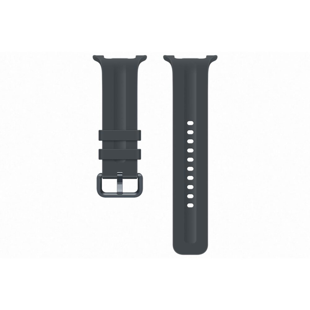 Two-piece black Samsung Sport Strap in S/M size laid flat with buckle, strap keepers and adjustment holes visible