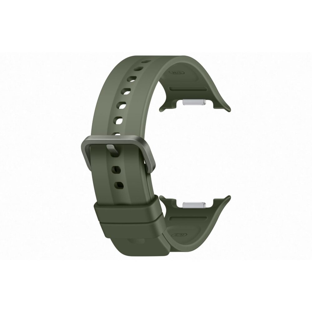 Olive Samsung Galaxy Watch9 / Watch8 Series Sport Strap in S/M size shown curved at an angle with buckle and watch connectors visible