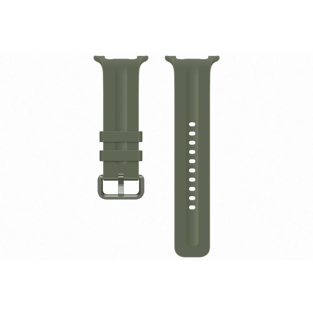Two-piece olive Samsung Sport Strap in S/M size laid flat with buckle, strap keepers and adjustment holes visible