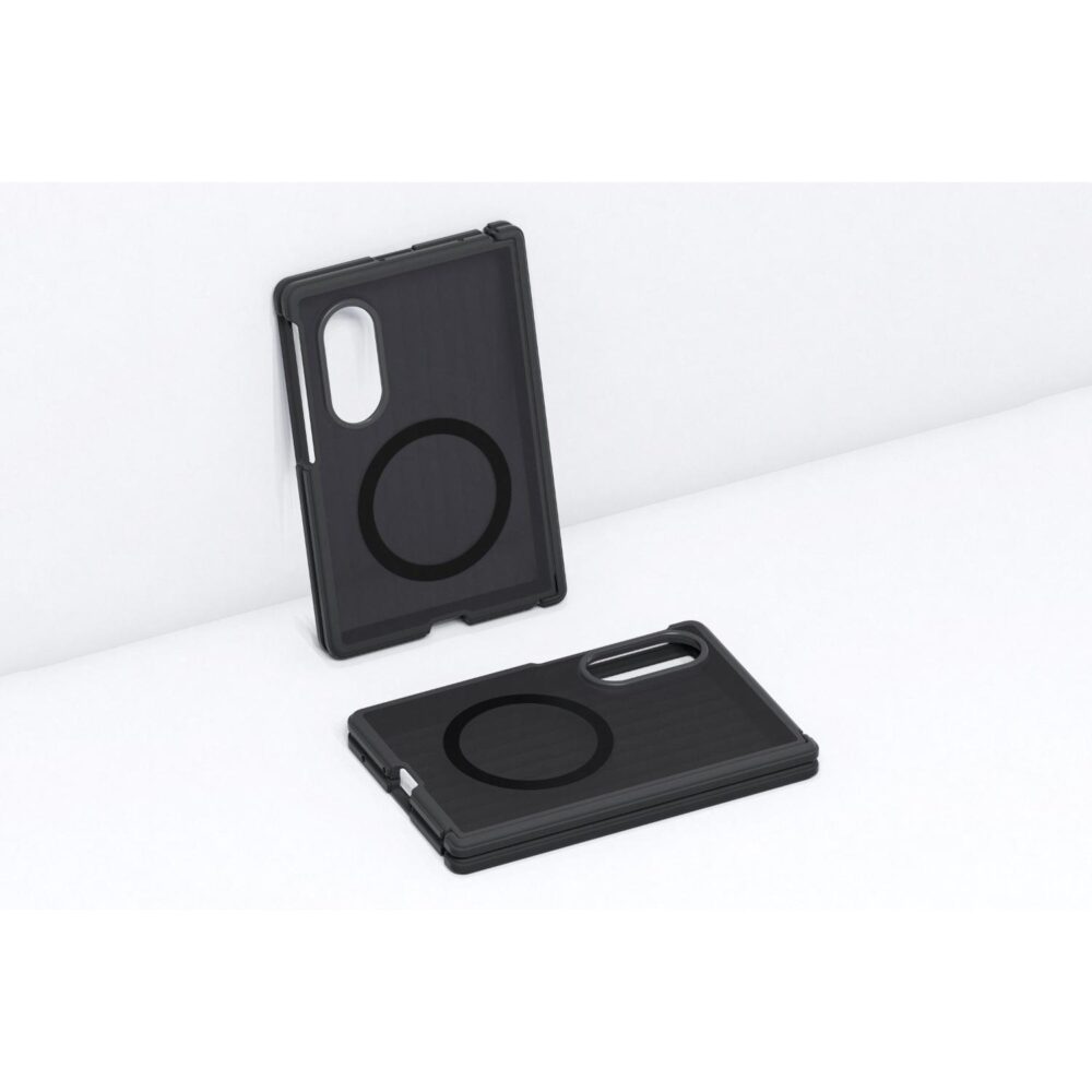 Black SMAPP Hybrid Shield Magnet Case for Samsung Galaxy Z Fold8 shown upright and flat from two angles with magnetic rings visible