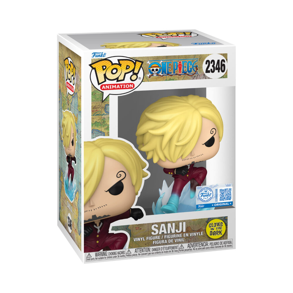 Boxed Sanji (Raid Suit) One Piece Funko Pop #2346 Glow in the Dark Special Edition with blue effect details visible around his legs.