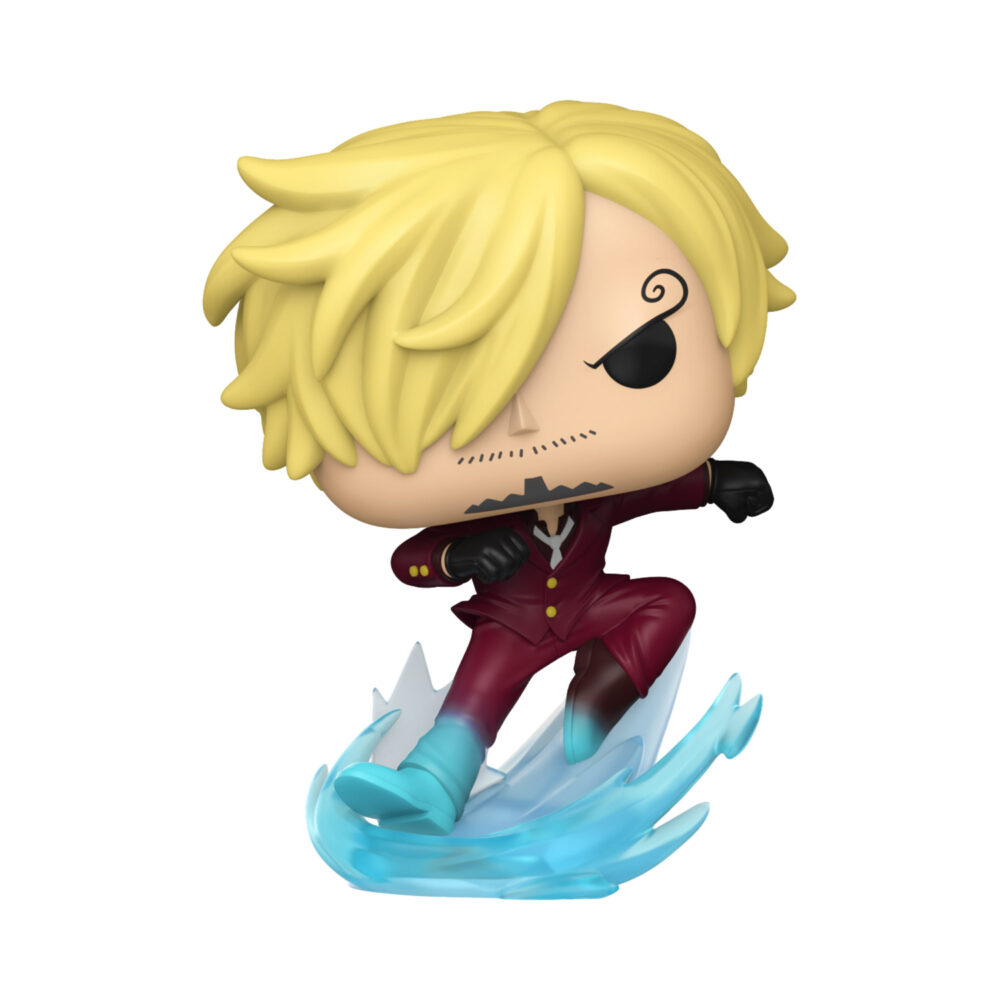 Unboxed Sanji (Raid Suit) One Piece Funko Pop #2346 Glow in the Dark Special Edition in a burgundy suit with blue effect details around his legs.