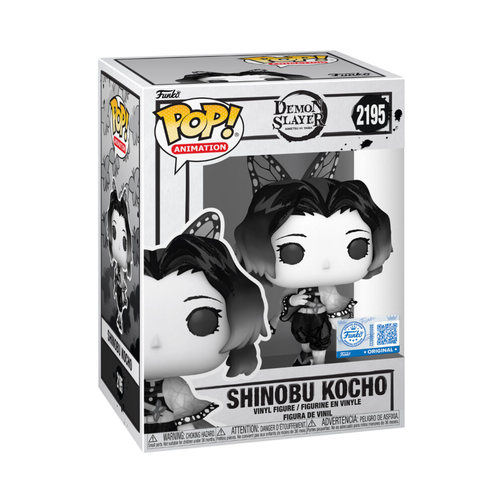 Shinobu Kocho Demon Slayer Funko Pop #2195 Special Edition shown in the monochrome window display box.