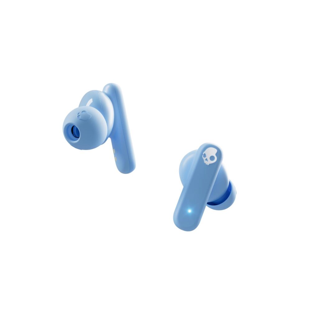 Skullcandy Smokin Buds true wireless earbuds in Preppy Blue shown at opposing angles with silicone ear tips and Skullcandy logos visible